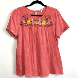 JODIFL Coral Embroidered Floral Short Sleeve Top So Pretty Size Large EUC